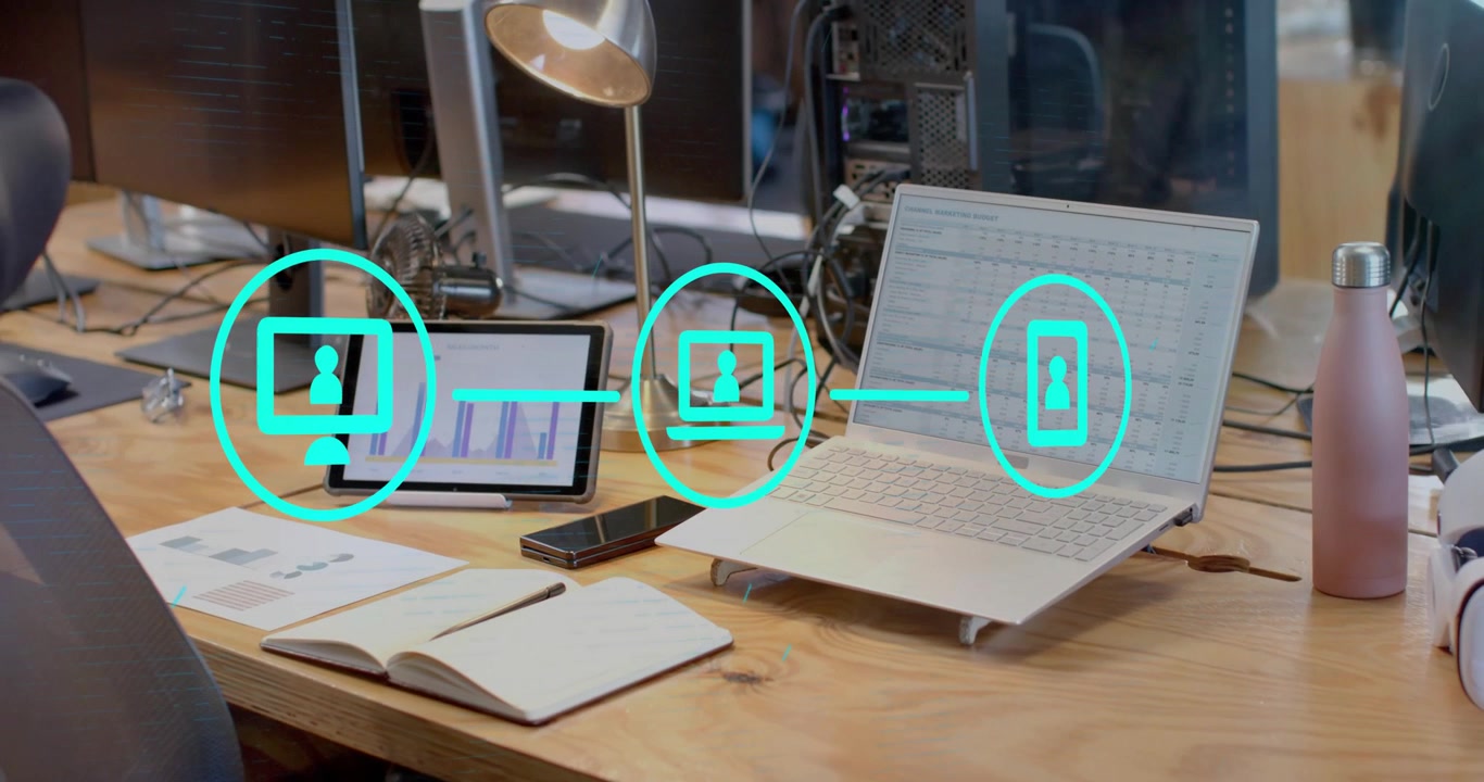 Monitor icon appearing triggers laptop and phone icons fading, connecting lines showing device sync