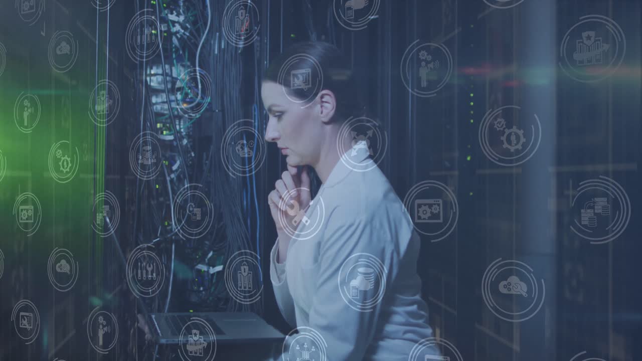 Animation of falling icons over caucasian female server room worker