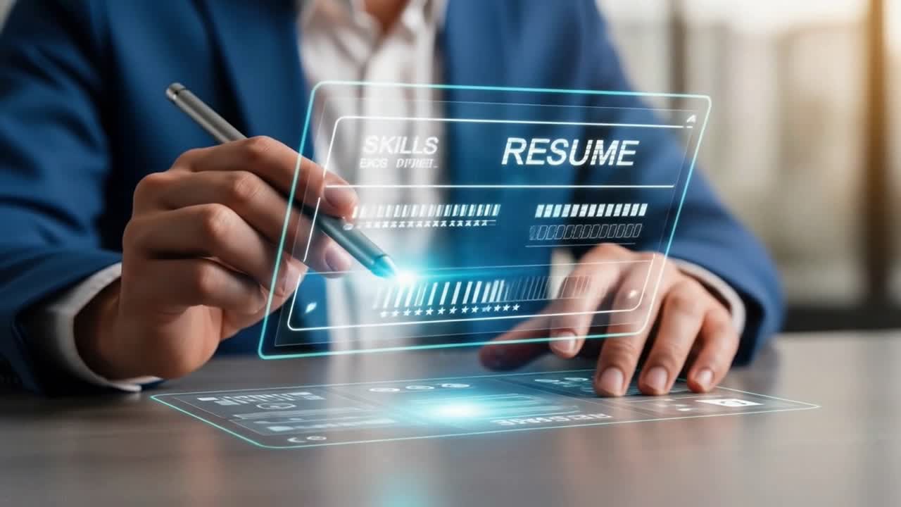Manager Analyzing a Futuristic Digital Resume on a Transparent Screen