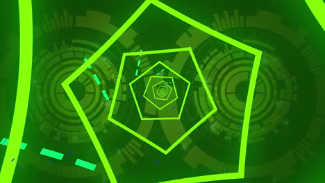 animación de hexágonos verdes de neón brillantes que giran sobre los escáneres de exploración