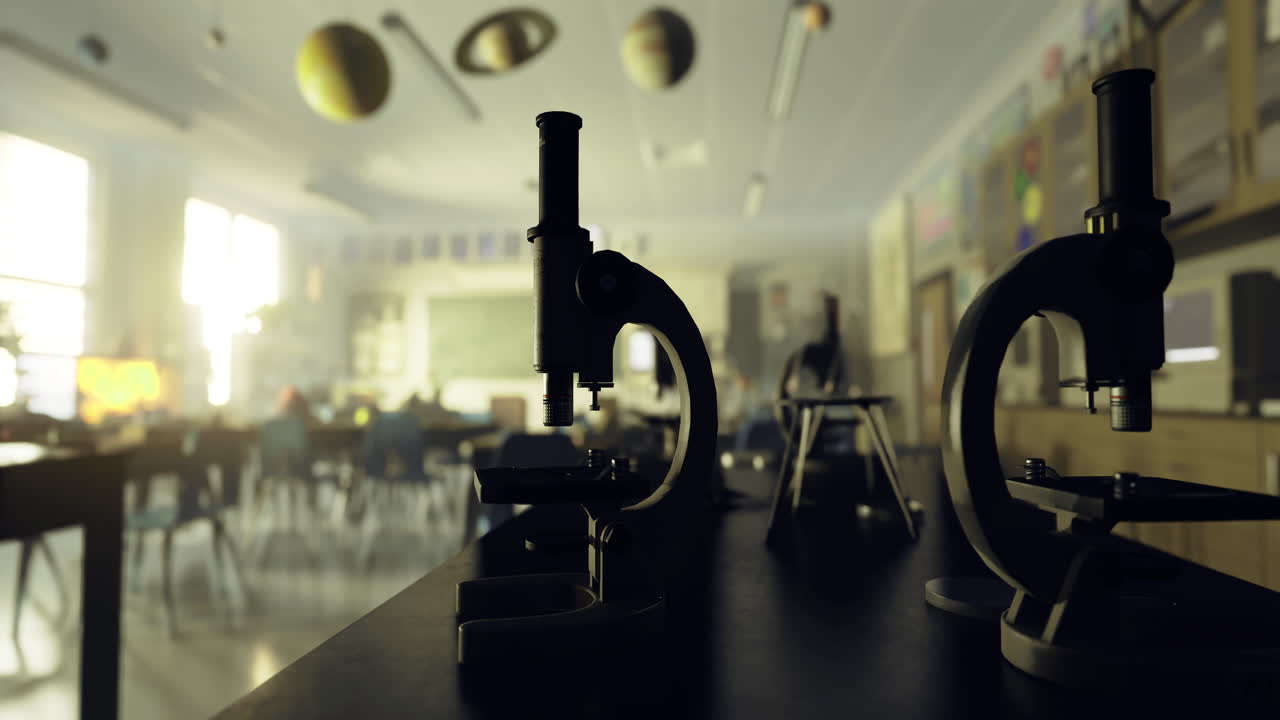 Classroom with microscopes and planetary models illuminated by sunlight