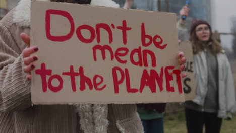 young girl holding a cardboard placard with the phase dont be mean the planet during a climate change protest 1