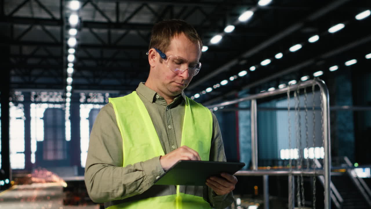 Factory staff member overseeing heavy tools near welding sparks