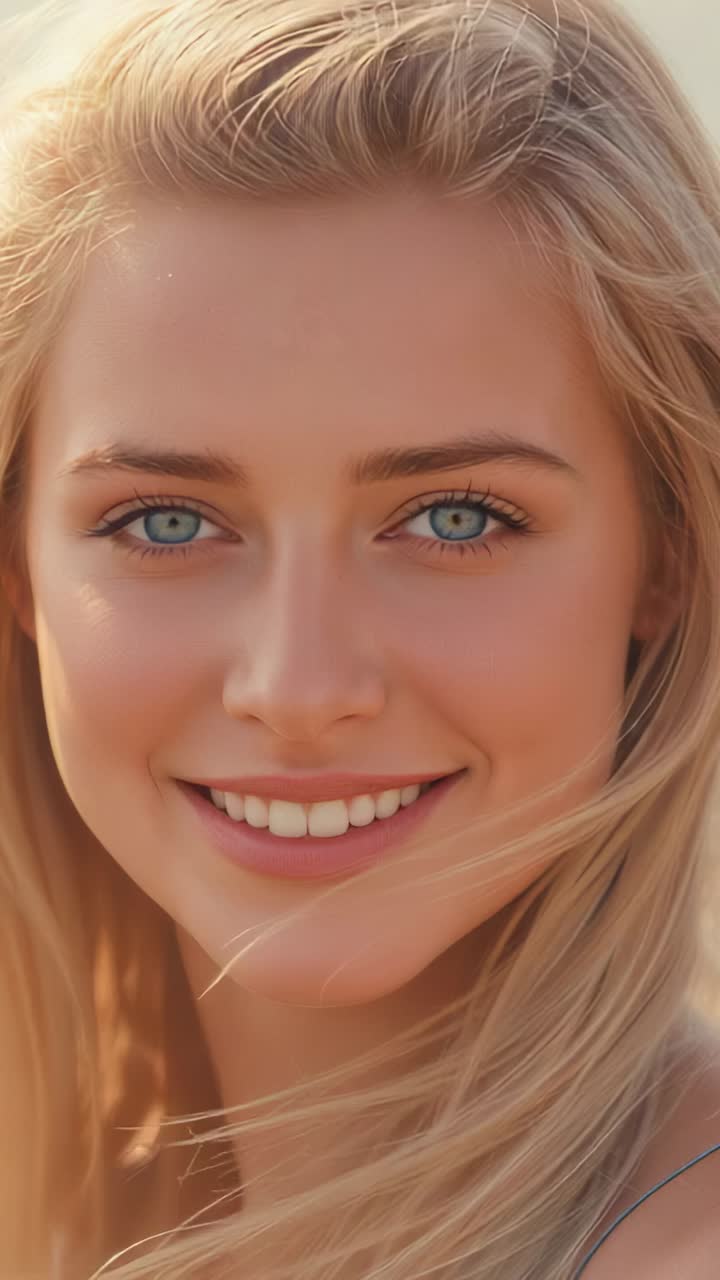 Vertical video: Smiling woman posing while camera starting at golden hour, thin strap, hair blowing