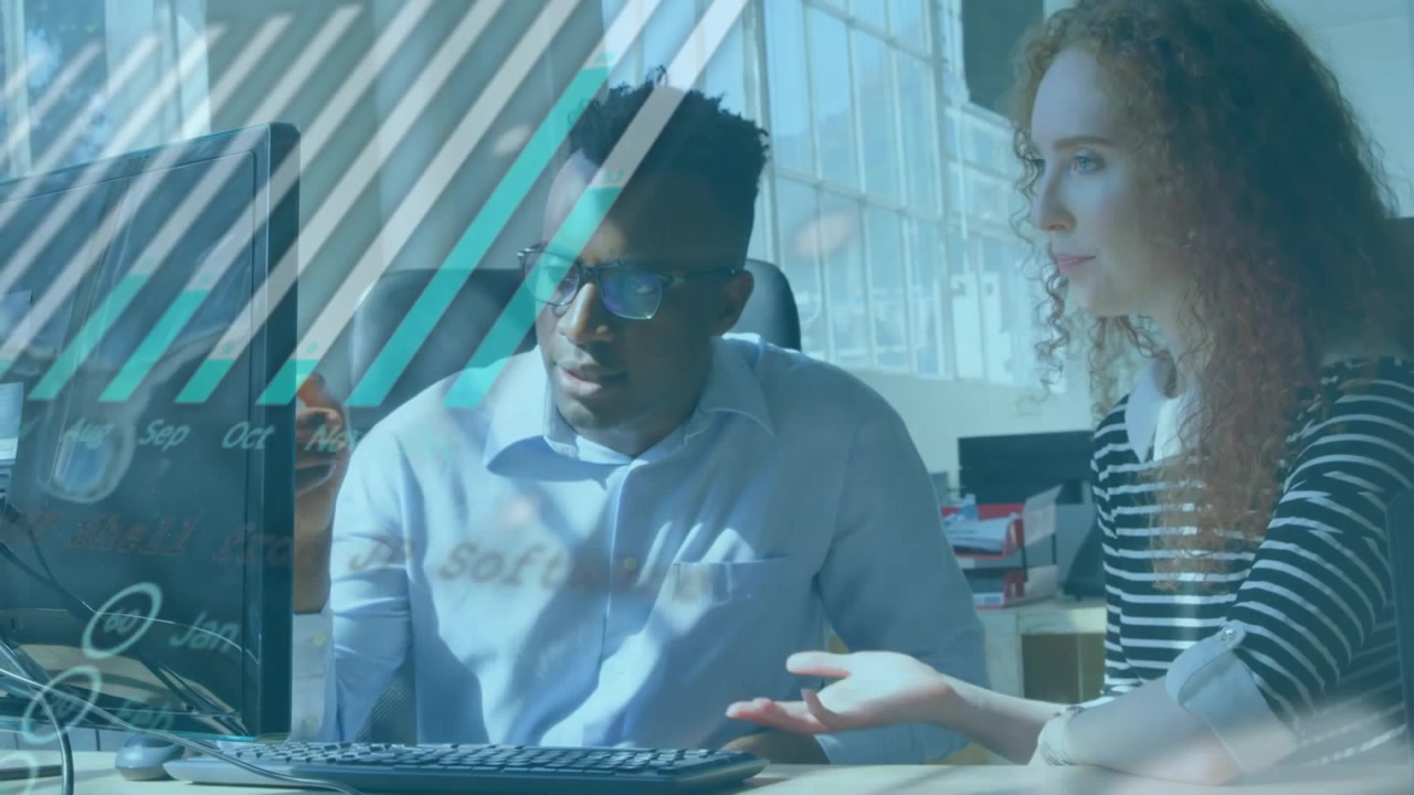Animation of data processing over diverse business people in office
