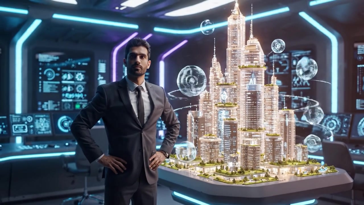 A Business Professional Analyzing Advanced AI Technology and Urban Development in a Futuristic Control Room Setting