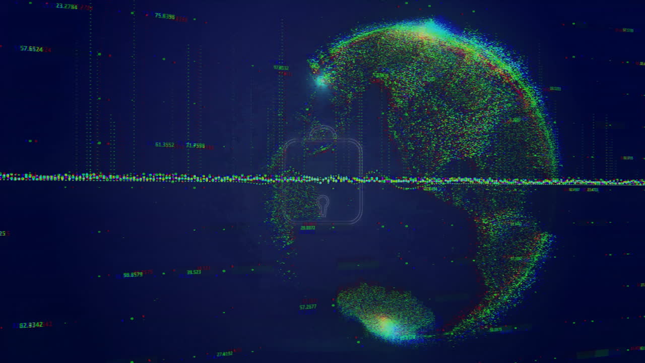 Digital security lock and globe with data points animation over dark background