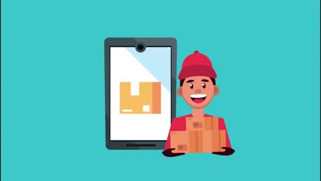 servicio logístico de entrega con caja de elevación de trabajadores y teléfono inteligente