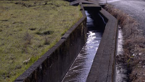 pequeno rio de irrigação correndo ao lado do campo de grama em ambiente rural