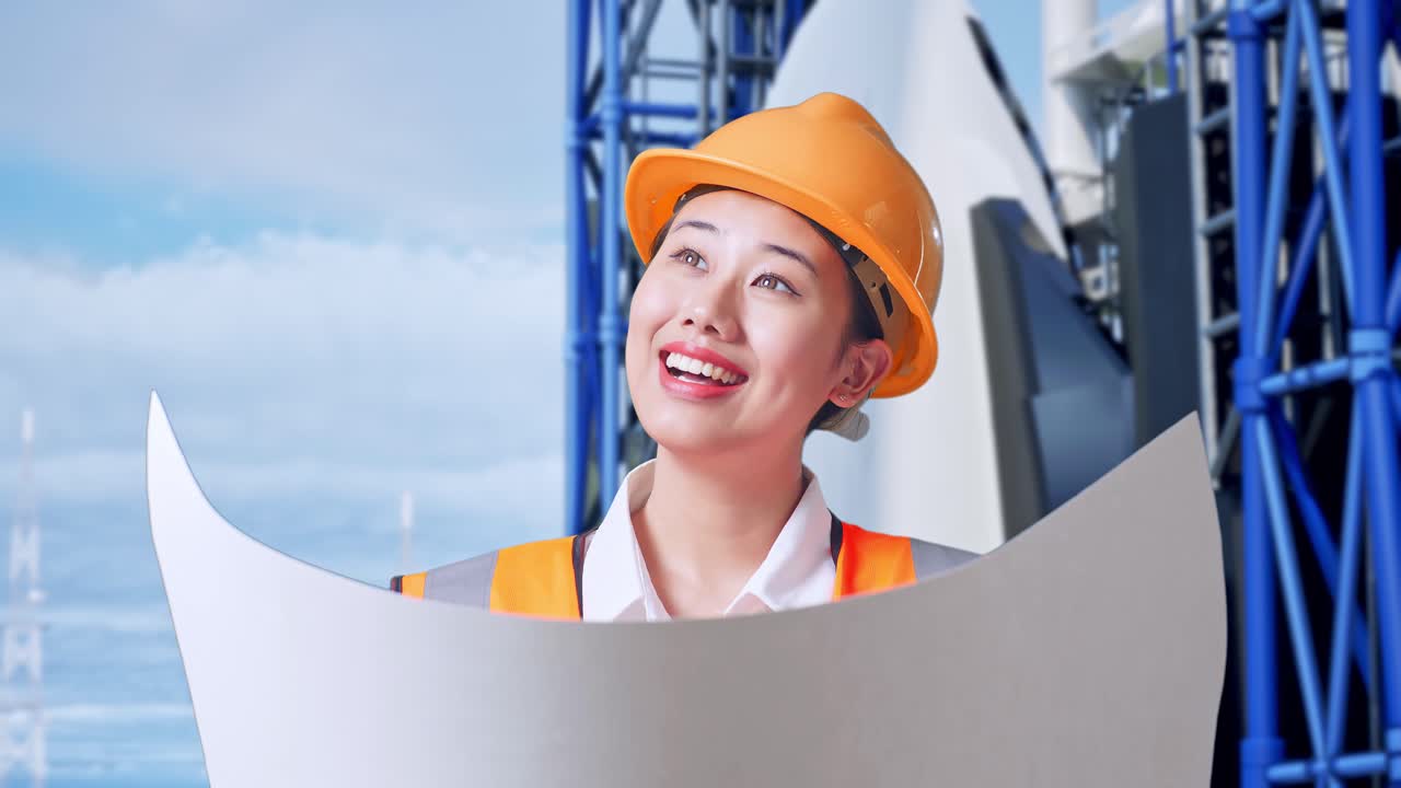 안전 헬을 입은 아시아 여성 엔지니어가 손에 블루프린트를 들고 우주왕복선과 함께 서 있는 동안 주위를 둘러보고 있습니다.