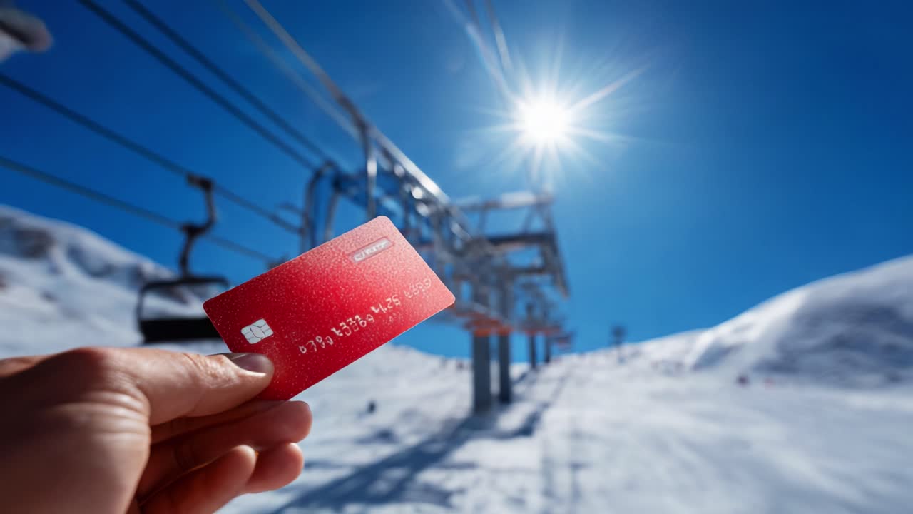 A vibrant red credit card held aloft against a picturesque ski lift on a sunny winter day, capturing the spirit of adventure and the excitement of a ski trip in pristine snowy mountains