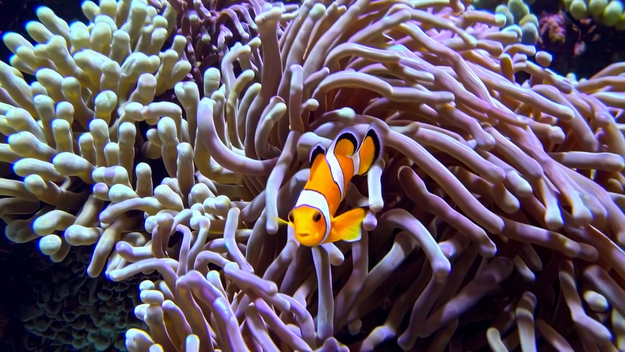 Pesce pagliaccio che nuota tra gli anemoni di mare nella barriera corallina