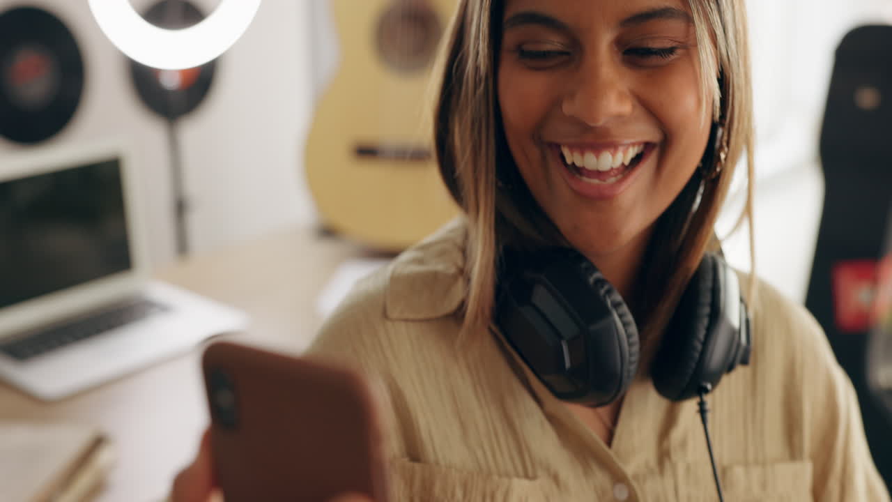 Music, influencer and video call with woman