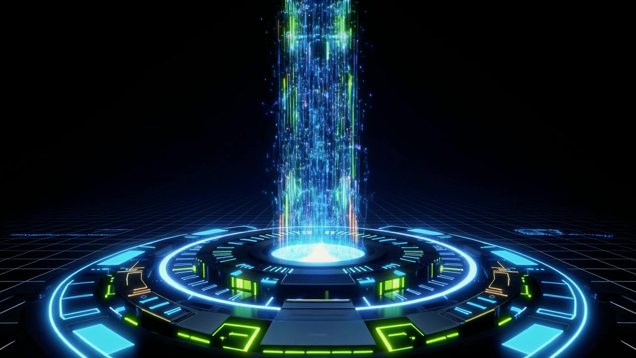 Futuristic Digital Hologram Portal Rising from Circular Tech Platform