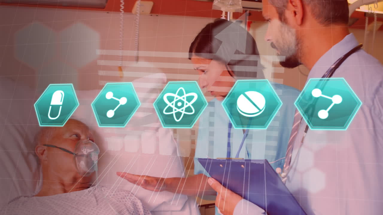 남성 의사와 여성 의료 종사자가 환자와 대화하는 것에 대한 의료 아이콘과 데이터 처리