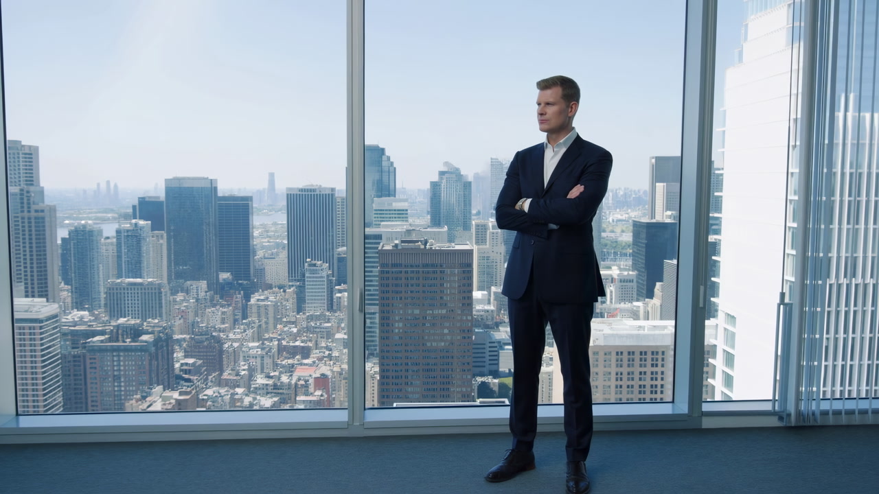 Caucasian Executive By Window Overlooking Skyline, Modern Highrise Office With Panoramic Downtown View, Arms