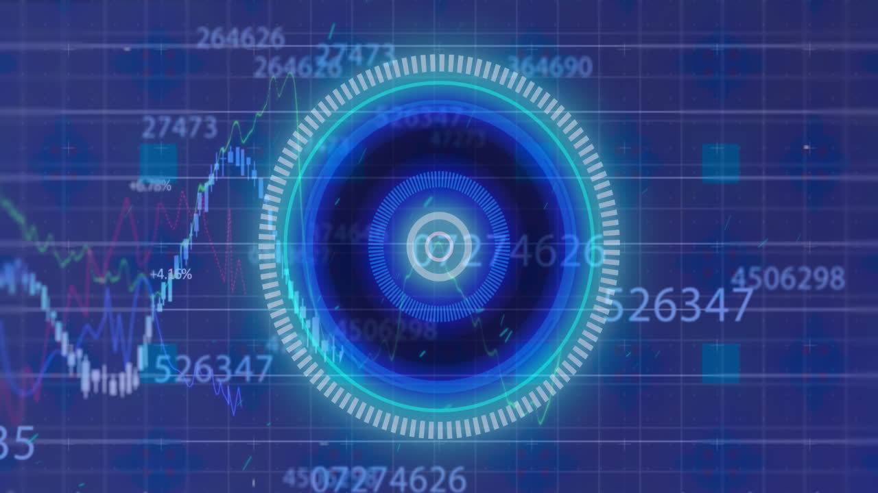 Animation of illuminated circles over changing numbers, multiple graphs against shapes in background