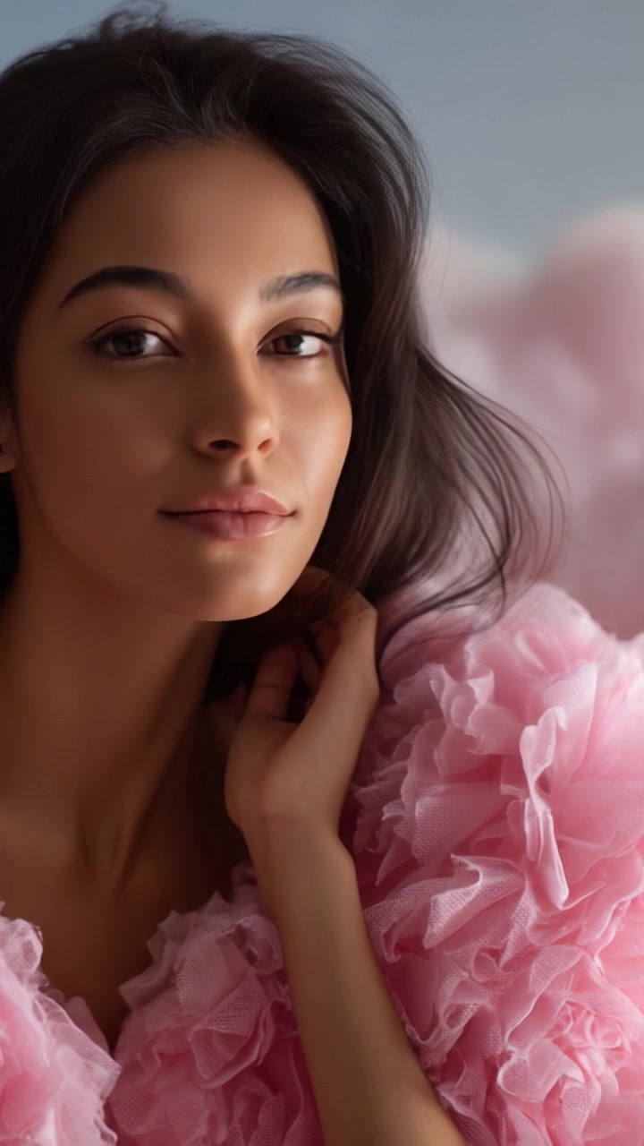 Uno splendido ritratto di una donna in un soffice indumento rosa, delicatamente illuminata con uno sfondo sognante che esalta la sua bellezza naturale e la sua espressione accattivante.