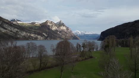 dolly above grassy meadow on shoreline banks of walensee with picturesque mountains illuminated by sunlight