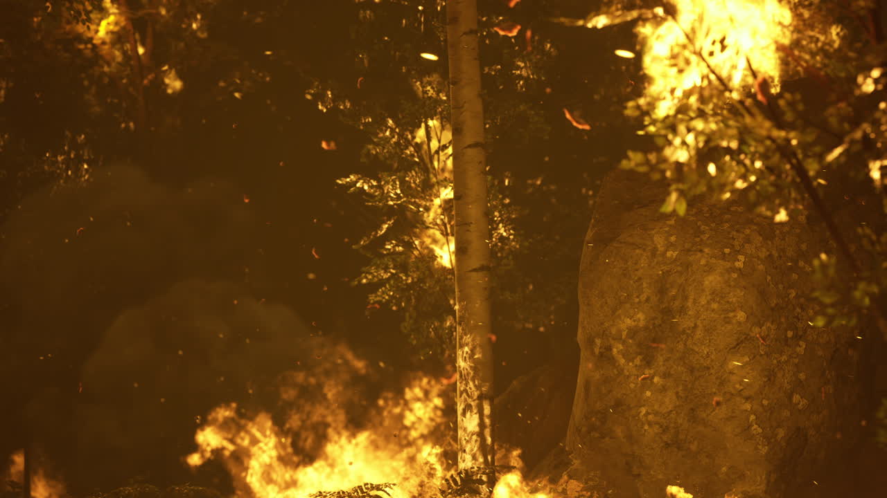 Forest fire spreads rapidly in dense woodland during late afternoon hours