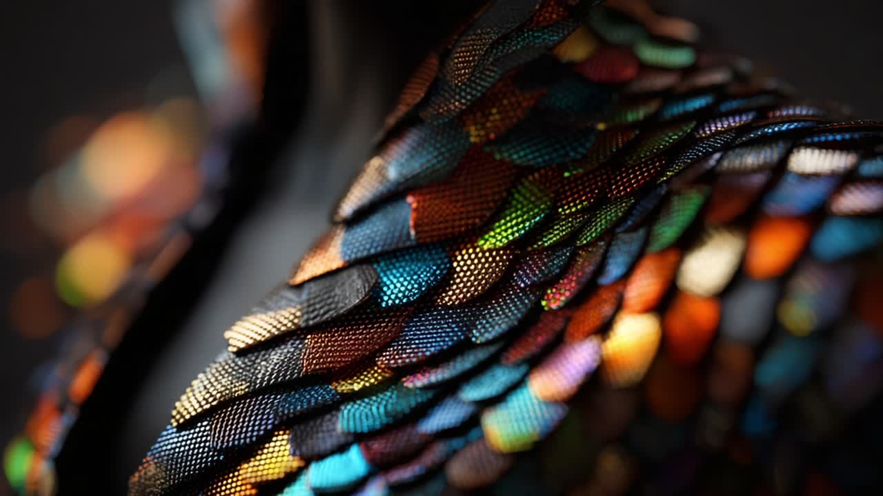 Vibrant and Iridescent Textures: A Close-Up Exploration of an Artistic Fabric Design Showcasing Colorful Scales and Intricate Patterns That Captures the Eye with Its Glossy Appeal