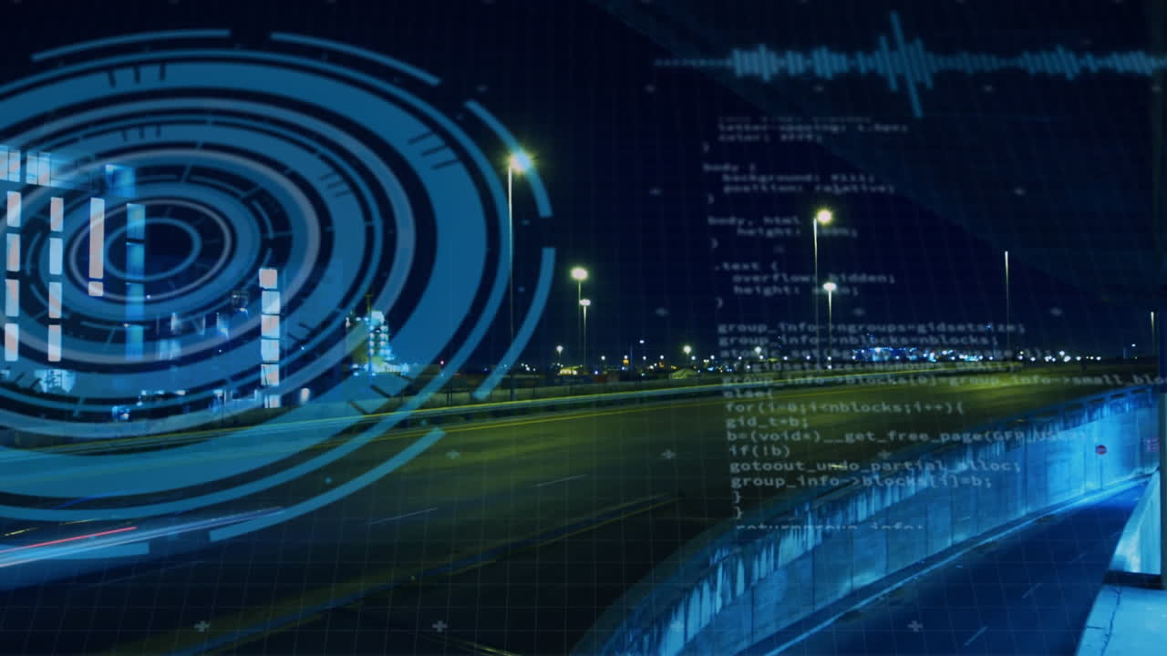 Animation of circles and computer language over time-lapse of moving vehicles on street