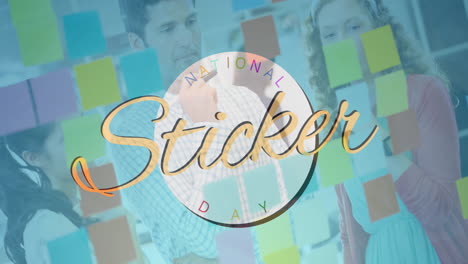 animation of national sticker day in multi coloured letters over caucasian business people