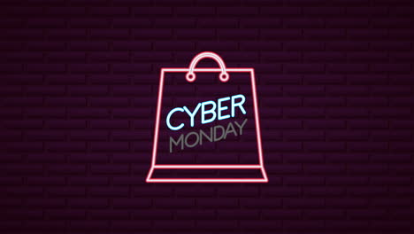 cyber monday neon lights animation with shopping bag