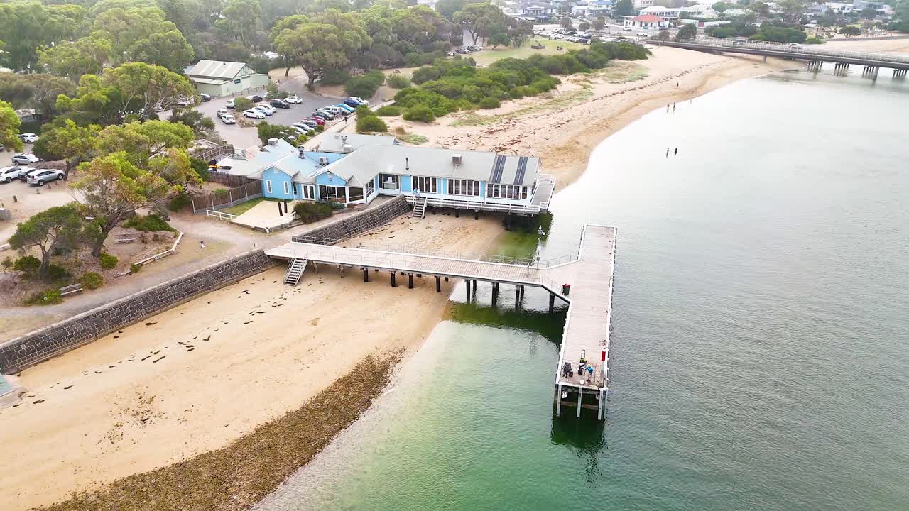 Drone footage captures a serene coastal scene at Barwon Heads, showcasing the pier, beach, and surrounding greenery