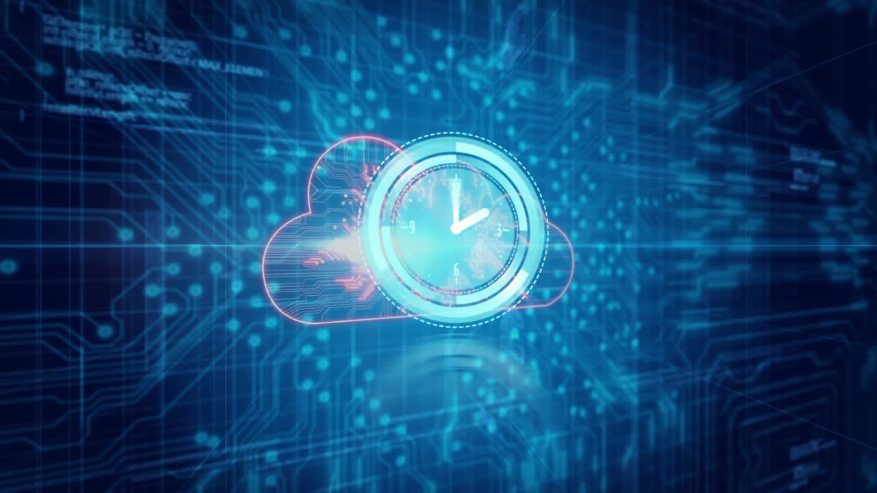 Digital clock interface with futuristic blue and red cloud data animation