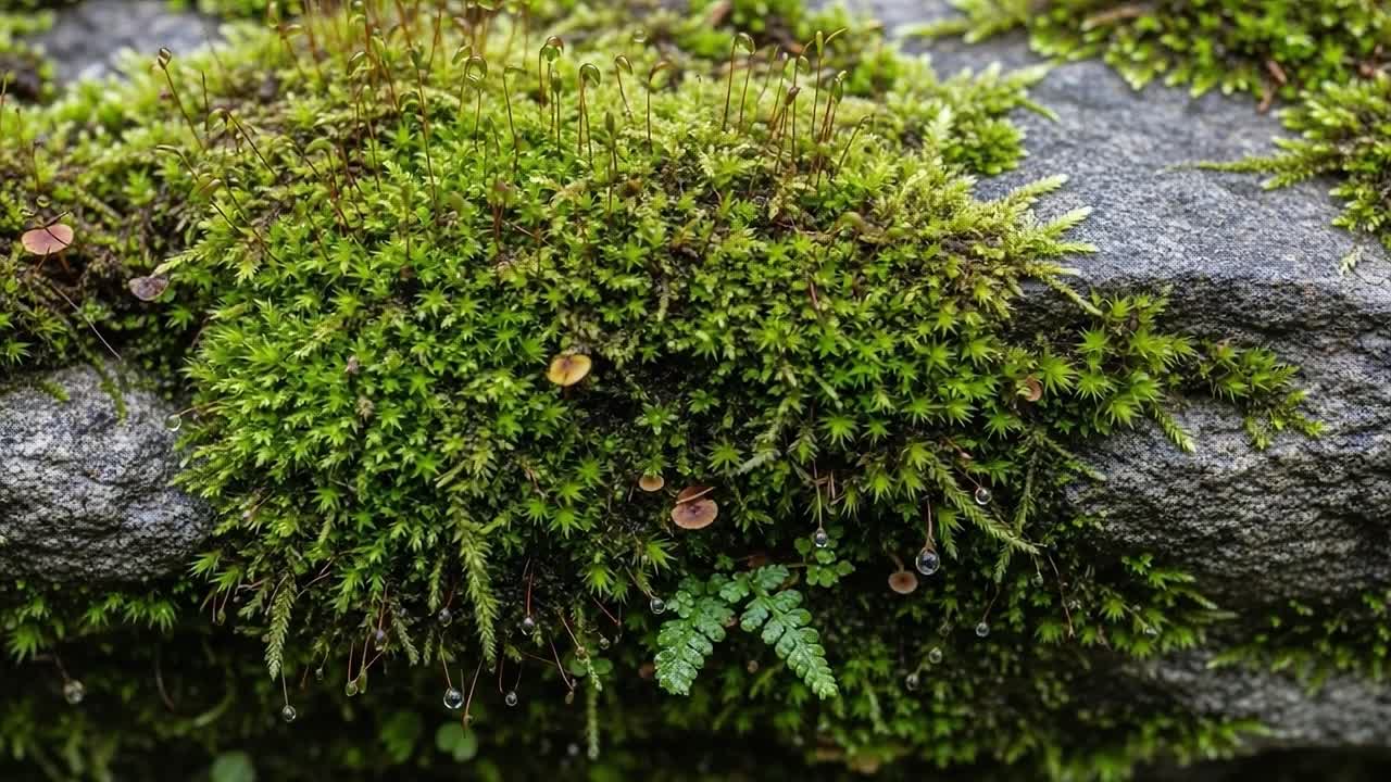 Vibrant Green Moss Thriving on Stone Surface with Raindrops, Showcasing Nature's Resilience and Beauty in a Tranquil Environment