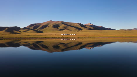 epic drone shot of a small yurt village beside the song-kol lake in kyrgyzstan, with reflection on the water