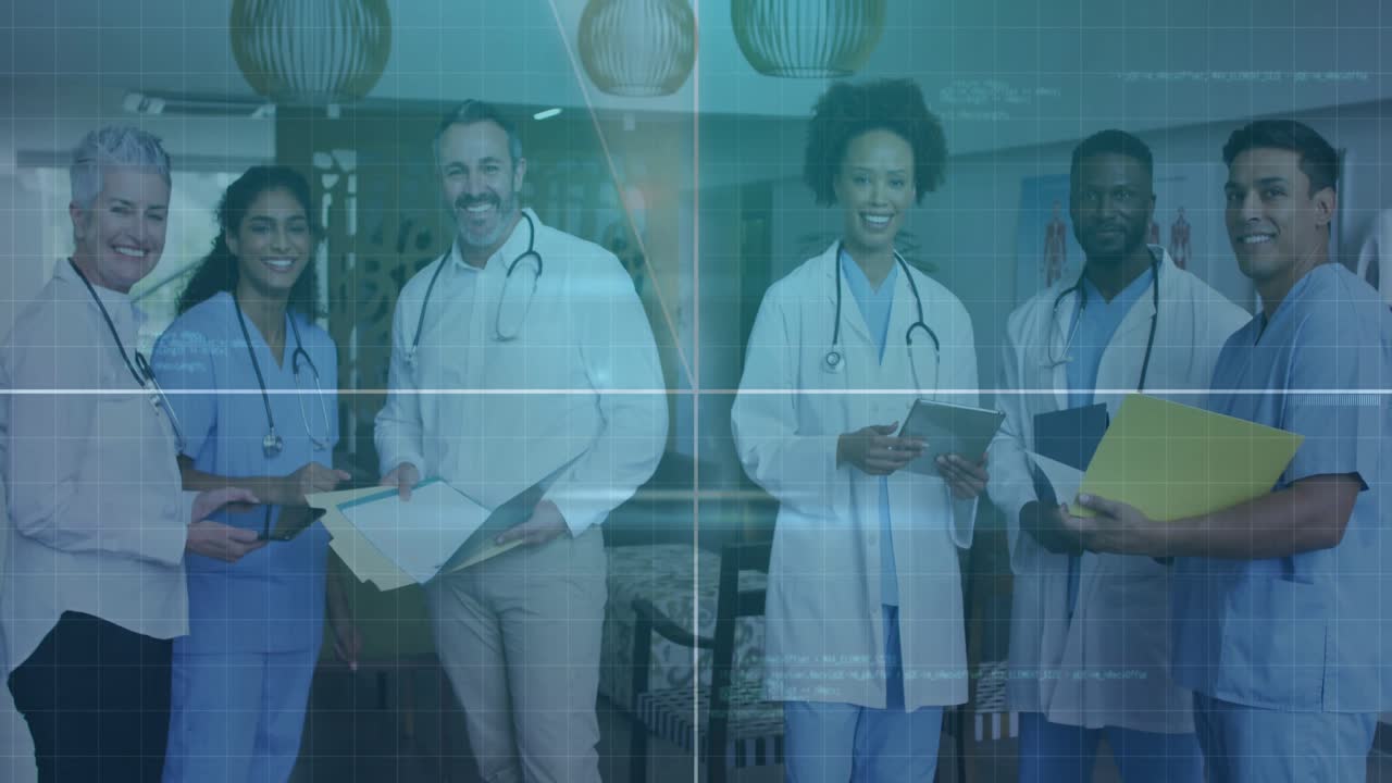Medical team standing in hospital ward while scanning graphic activating rings and analyzing group