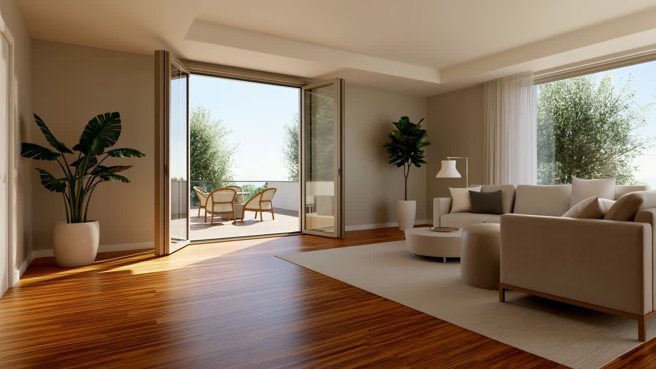 Bright Modern Living Room with Balcony and Hardwood Floor