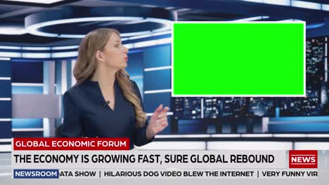 newsroom tv studio live news program: caucasian female presenter reporting, green screen chroma key screen picture. television cable channel anchor woman talks. network broadcast mock-up playback