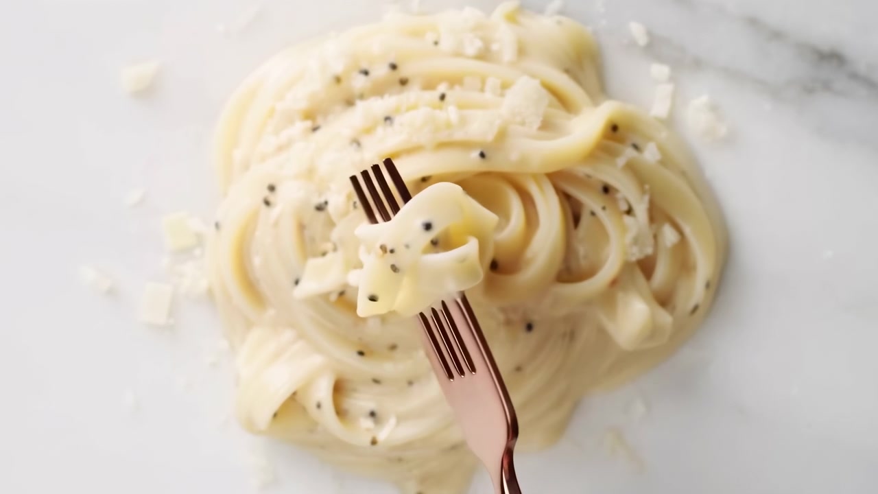 Close detailed view of rosegold fork lifting creamy fettuccine nest from white marble tabletop, showing glossy strands, soft highlights, elegant plating, neutral tones, and appetizing gourmet styling