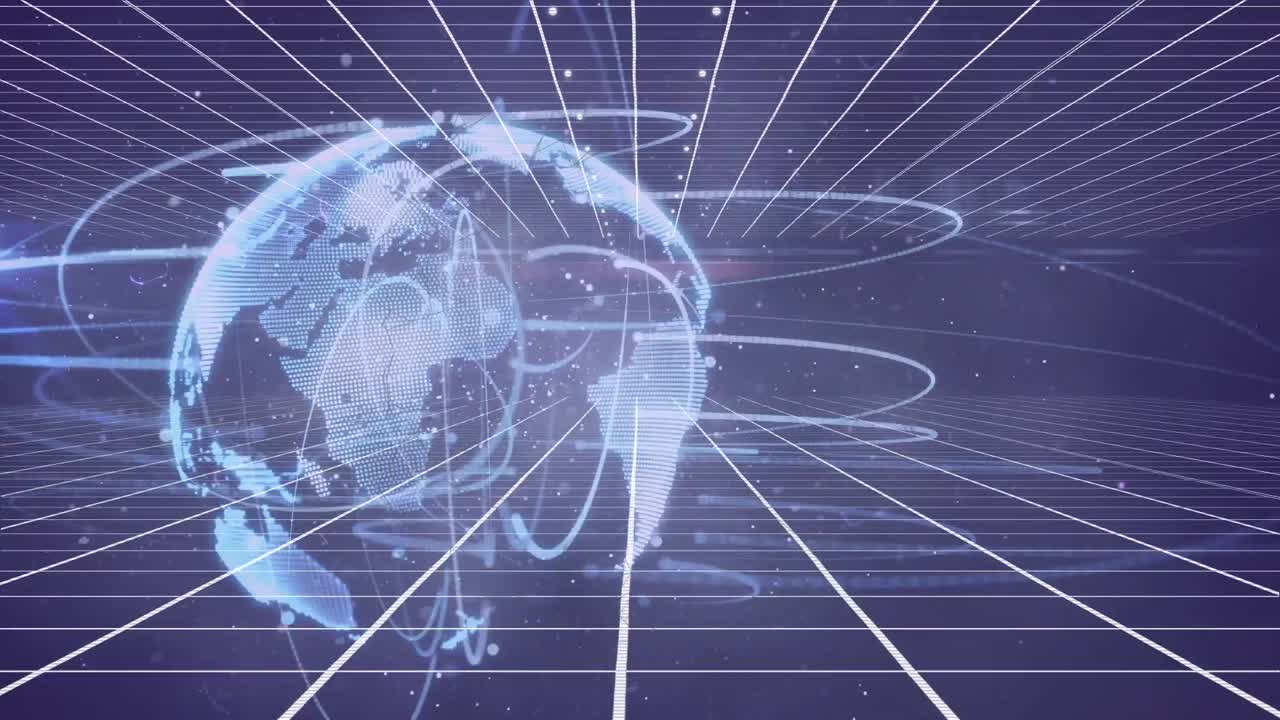 Digital animation of light trails over spinning globe against grid network on purple background