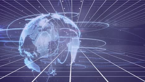 Digitale-Animation-Von-Lichtspuren-über-Einem-Sich-Drehenden-Globus-Vor-Einem-Gitternetz-Auf-Violettem-Hintergrund