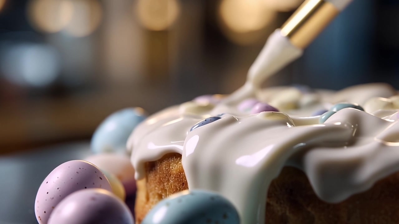 Sweet Easter Cake Being Decorated with White Icing and Candy Eggs