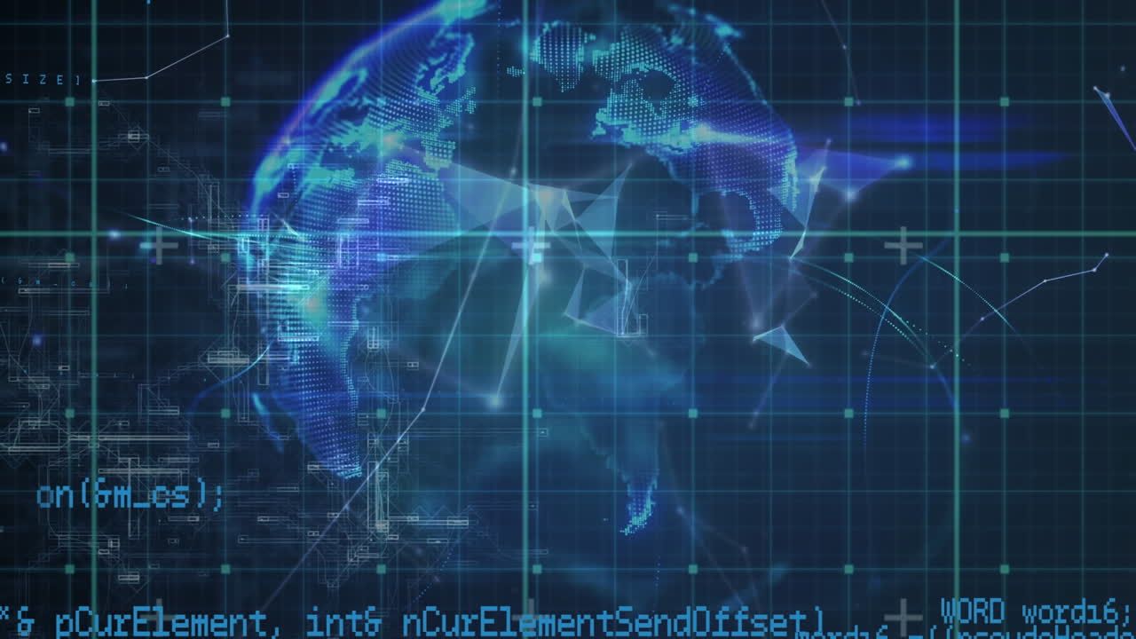 Animation of globe with network of connections and data processing on black background