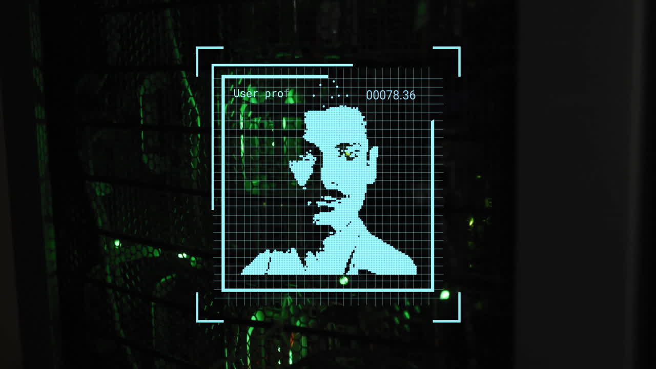 animazione dell'elaborazione di foto biometriche e dati digitali su server informatici