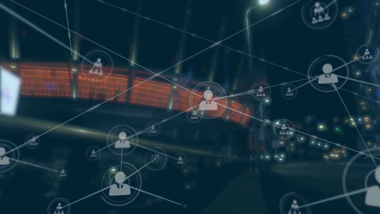 animación de la red de conexiones con iconos sobre el paisaje urbano