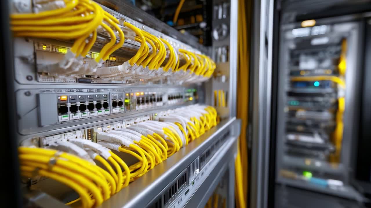 Close-Up of a High-Tech Server Rack with Yellow Ethernet Cables Interconnected, Showcasing Modern Data Center Infrastructure and Networking Components