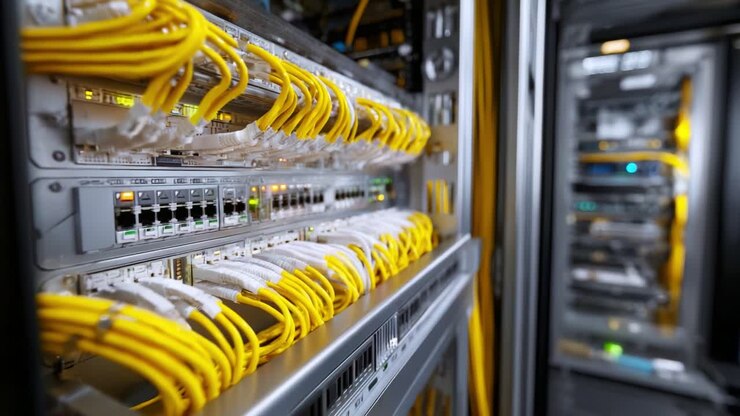 Close-Up of a High-Tech Server Rack with Yellow Ethernet Cables Interconnected, Showcasing Modern Data Center Infrastructure and Networking Components