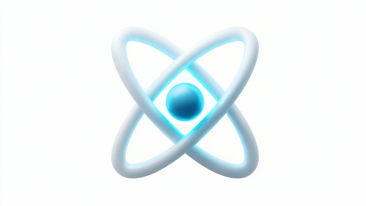 Stylized Atom Logo Graphic Representing Scientific Concepts of Matter and Energy with Dynamic Orbital Paths and a Central Nucleus in Vibrant Blue and White Colors