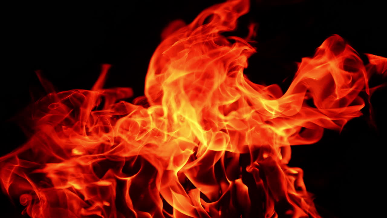 Looking at hot flame tongues reaching the camera. Close view of campfire from top.