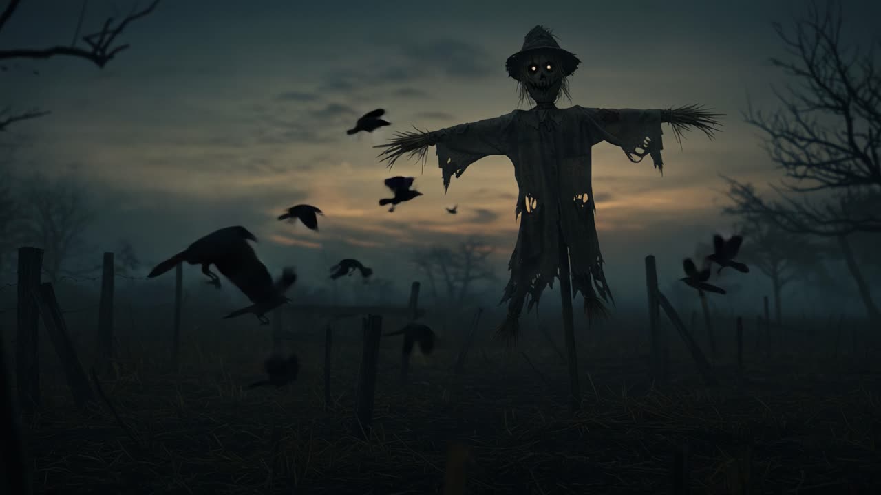 Eerie Scarecrow Amidst a Darkening Sky: A Haunting Scene with Crows Flying Around in a Foggy Field Capturing the Essence of Fear and Mystery