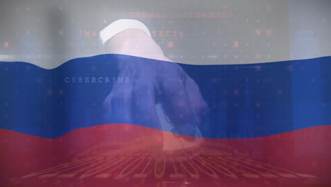 animation of hand of caucasian male hacker over flag of russia