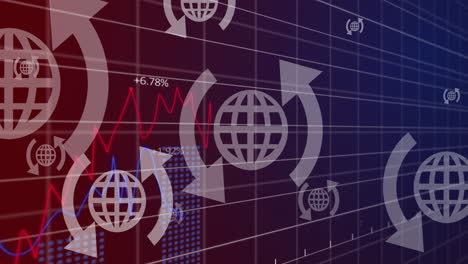 animation of arrow around globes, graphs with changing numbers over black background