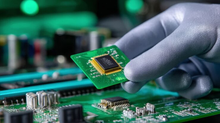 Hænder i handsker holder forsigtigt en mikrochip over et komplekst grønt printkort, hvilket illustrerer præcision og håndværk i samlingen af elektroniske komponenter og det indviklede arbejde involveret i moderne teknologi.